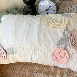 Delicate Stitched French Country Floral Pillow w/Rosette Accents 17 x 11"